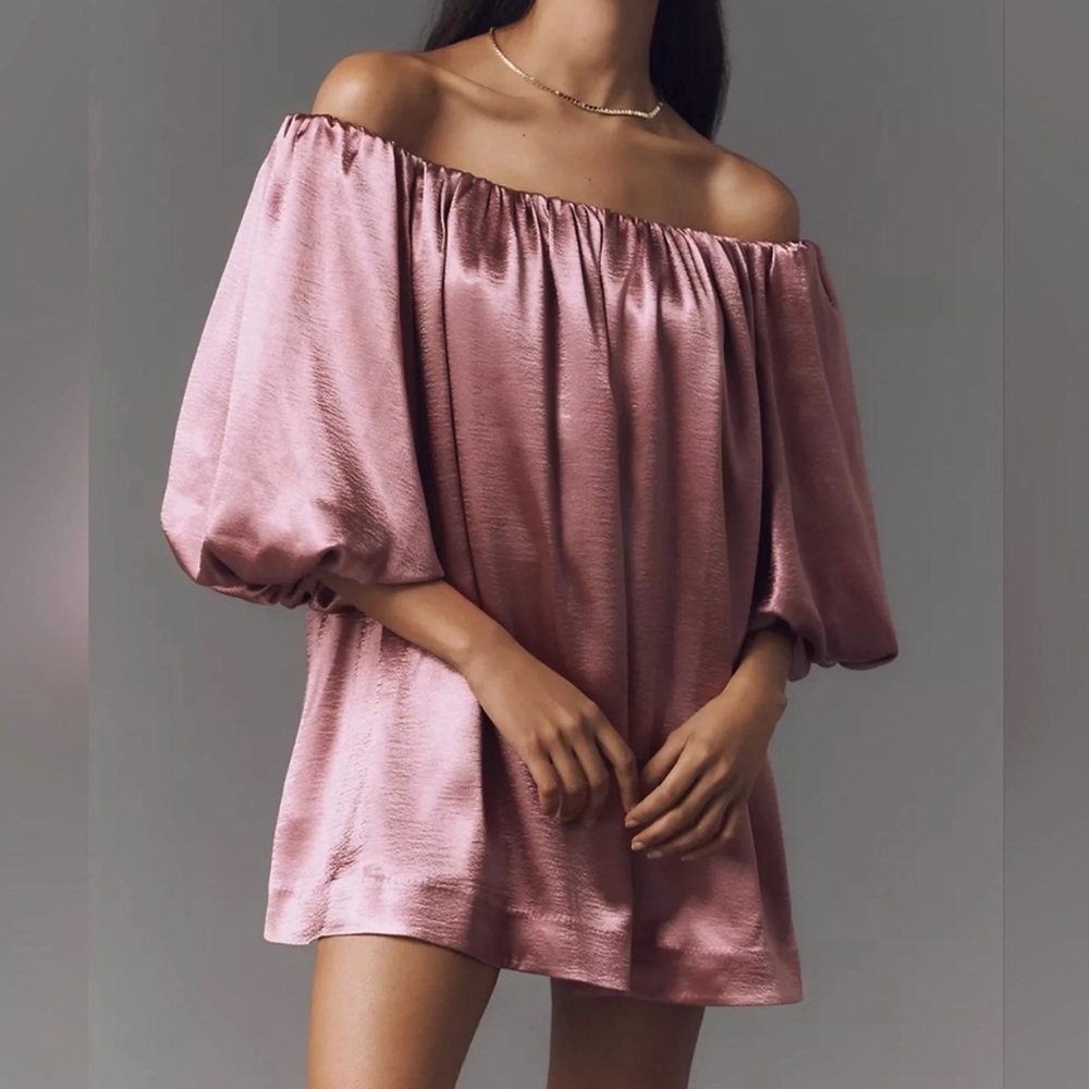 ANTHRO MareMare 3X Romantic Silkcore Off Shoulder Bubble Sleeve Shine Mini Dress